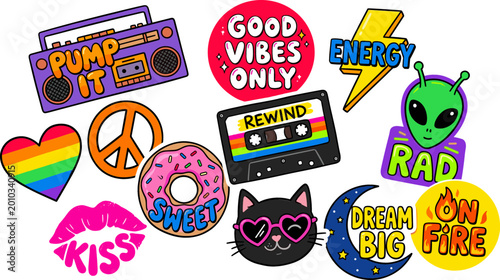 Quadro su tela Retro Pop Art Sticker Collection with Cassette, Alien, Peace Sign, Donut, and Po
