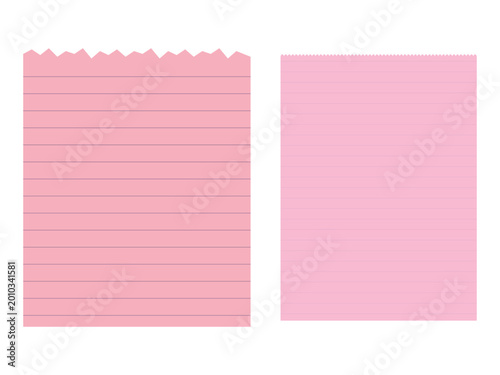Set of pink torn paper sheets with lines.