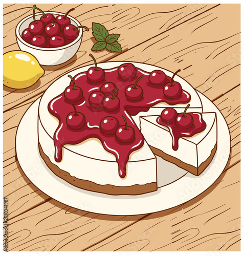 Cherry Cheesecake with Topping Dessert Illustration