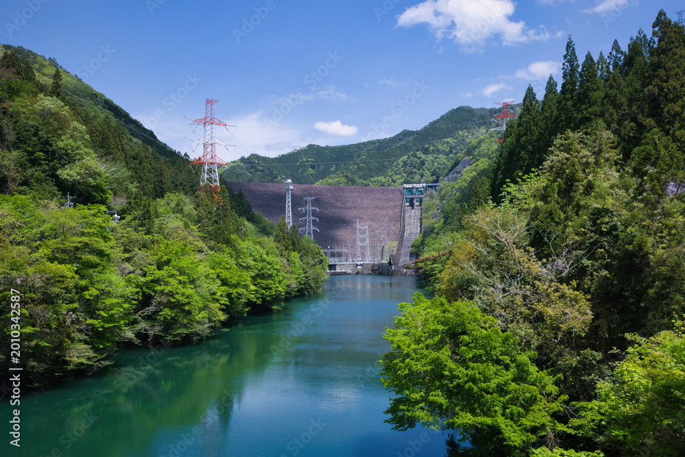Fototapeta premium 岐阜県下呂市ロックフィルダムの綺麗な石積みが見える岩屋ダム