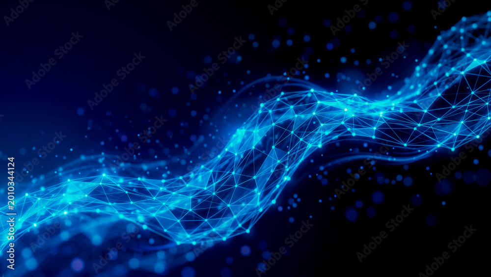 Фотография Abstract digital network with glowing nodes and lines on dark background