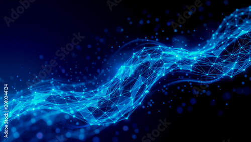 Abstract digital network with glowing nodes and lines on dark background. Ideal for themes of AI, big data, cybersecurity, communication, and futuristic technology.