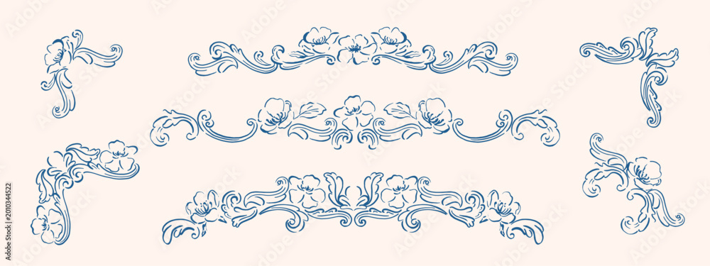 Obraz premium Set of curves, monograms, classical, baroque decor. Design elements, frame, mirror, pattern, border. Hand drawn, sketch traditional, antique ornaments, compositions. Floral deviders, corner elements. 