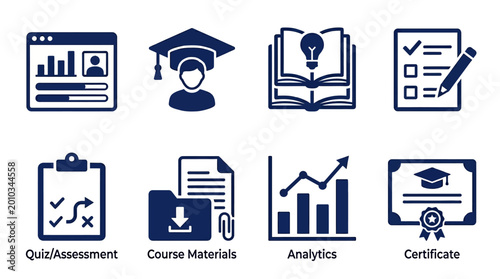 Educational icons representing various aspects of learning, assessment, and certification in a digital format