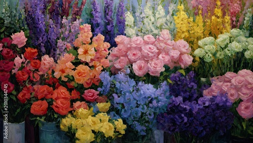 バラと季節の花が溢れる華やかなフラワーショップ 油彩イラスト