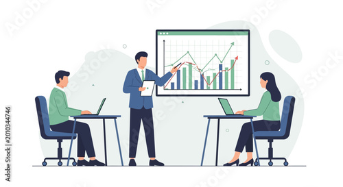 Business meeting with presentation of financial growth chart on screen