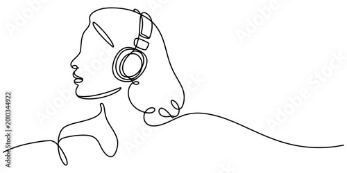 Continuous single line drawing of a young woman wearing headphones listening to music with a relaxed and calm expression in a simple artistic style
