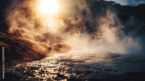 Golden sunlight hot spring
