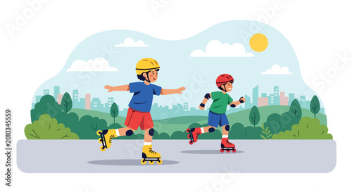 Photos Flat style vector illustration of happy kids roller skating in a park during sum