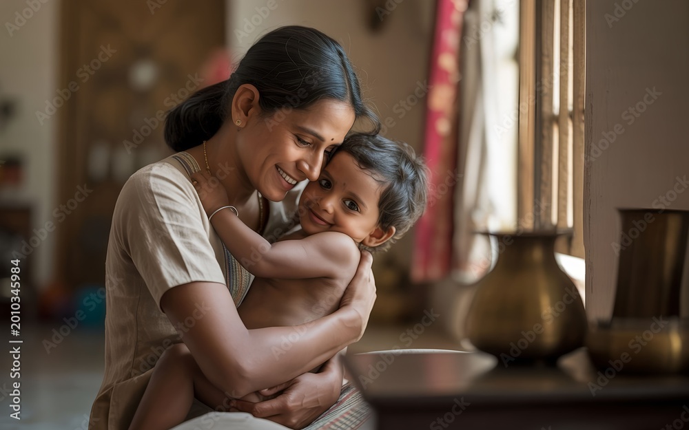 Obraz premium Loving Mother Hugging Child, Emotional Bonding Moment.