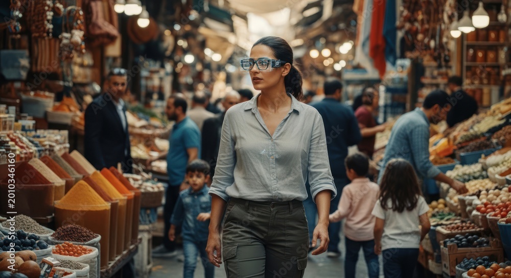 Obraz premium Woman walking through a bustling Moroccan souk market filled with colorful goods and people.