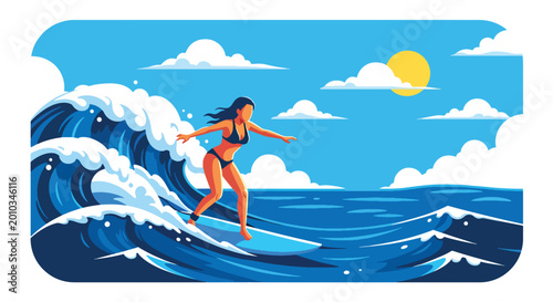 Canvas Print Flat style vector illustration of a woman surfing on a big ocean wave during sum