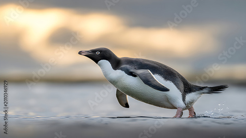 Adelie penguin walking on sandy beach with cloudy sky background at sunset, isolated on transparent background