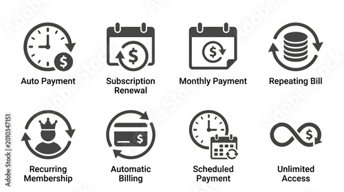 Tableau sur toile Various financial payment icons illustrating subscription services and billing o