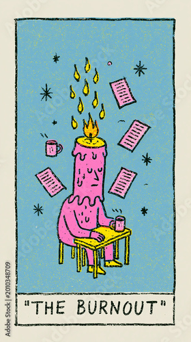 Humorous Tarot Card Illustration of The Burnout Character Melting Like a Candle