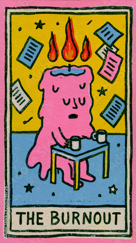 Humorous Tarot Card Illustration of The Burnout Character Melting Like a Candle