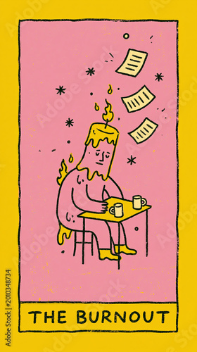 Humorous Tarot Card Illustration of The Burnout Character Melting Like a Candle
