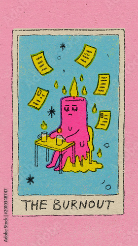 Humorous Tarot Card Illustration of The Burnout Character Melting Like a Candle