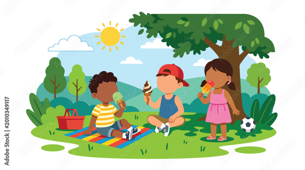 Fototapeta premium Flat vector illustration of happy children eating ice cream in a park during summer, expressing fun lifestyle and refreshing seasonal activities