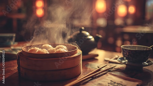 Steamed Dumplings in Bamboo Steamer.