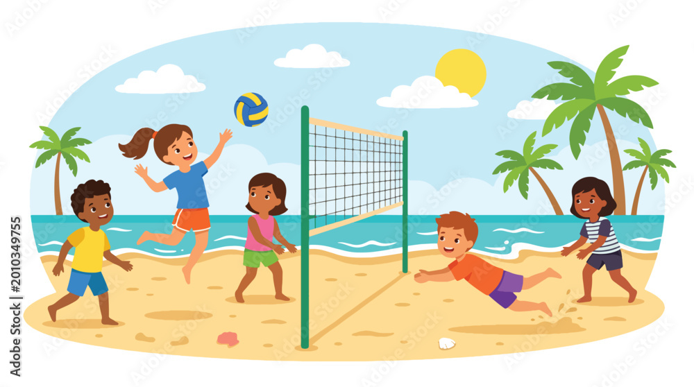Obraz premium Flat vector illustration of children playing volleyball on a sandy beach during summer, expressing teamwork, active lifestyle, and outdoor sports fun
