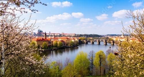 Wonderful spring panorama of Prague with river and bridges
