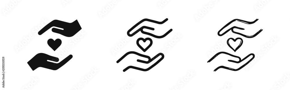 Fototapeta premium Hands Holding Heart Icon Set in Solid Outline and Hand Drawn Styles for Charity and Volunteering