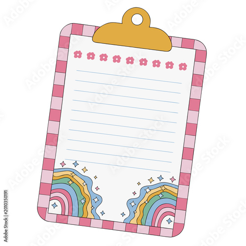 A vector illustration of a pink clipboard with a handwritten note, rainbows, and flowers on a transparent background.