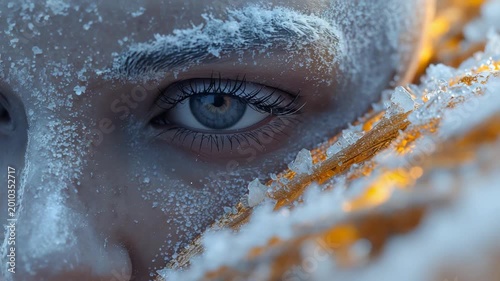 Frost covered human face with blue eye in icy winter scene, frozen eyelashes, snow crystals, cold skin texture and dramatic survival mood