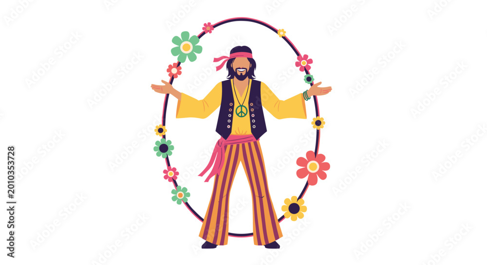 Fototapeta premium Smiling hippie man with long hair, headband, and peace sign necklace standing inside a floral decorative oval frame.