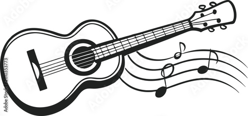 Bild auf Leinwand Acoustic guitar illustration with musical notes and staff lines on isolated transparent backdrop
