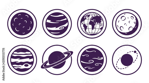 Εκτύπωση καμβά Collection of celestial icons featuring planets, the Earth, and the moon in a ci