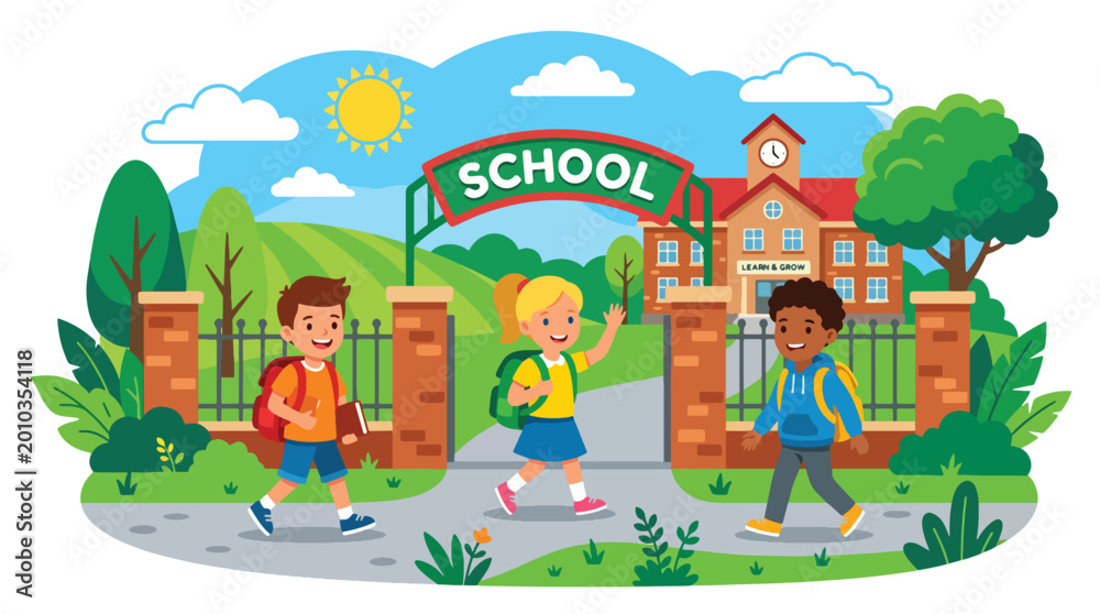 Obraz premium Flat style vector illustration of cheerful kids walking into a school gate with backpacks, bright morning atmosphere, back to school concept