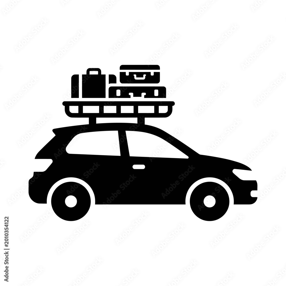 Obraz premium Car Icon with Luggage on Roof Rack Silhouette for Travel Road Trip