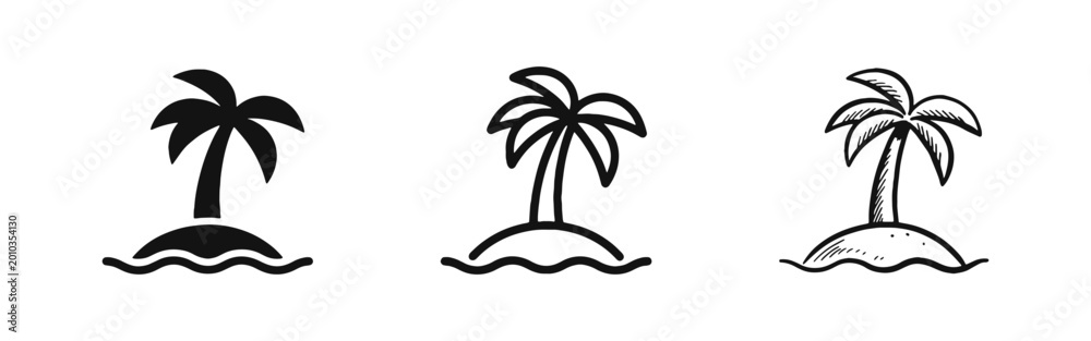 Naklejka premium Tropical Island Icon Set - Palm Tree on Beach with Ocean Waves