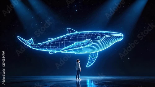 Man gazes at glowing whale in dark space