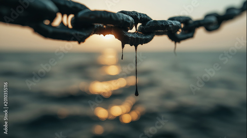 Heavy industrial chain covered in crude oil, slowly dripping into the ocean at dusk, representing global environmental and energy crisis