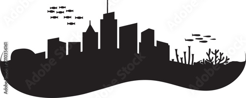 Underwater city skyline silhouette with fish schools and sea corals design with buildings with coral