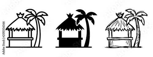 Foto Set of Beach Bar Hut Icons with Palm Tree, Tropical Tiki Shack Vector Illustrati