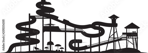 Water park slides silhouette with spiral tubes plus tall towers and umbrellas in outline style