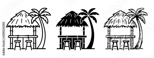 Fotografie Set of Beach Tiki Bar Icons with Palm Tree, Tropical Island Hut Vector Illustrat