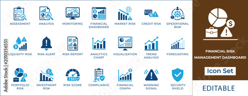 Schilderij op canvas Financial risk management dashboard icon set featuring market volatility, credit score, bankruptcy alert, data audit, investment loss, inflation, and fraud protection symbols