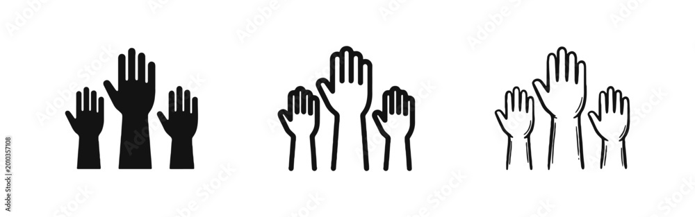 Obraz premium Community Participation and Volunteering Icon Set with Raised Hands in Solid Outline and Hand Drawn Styles