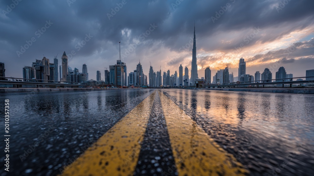 Obraz premium Cityscape perspective rainy road leads to modern skyline under dramatic sky