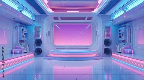 Futuristic interior stage design with neon lighting and architectural elements