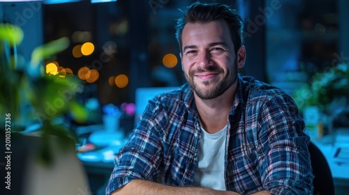 Smiling man in checkered shirt against blurred lights background
