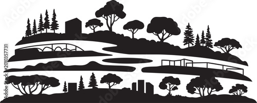 Park landscape silhouette with trees hills bridge houses and city buildings with isolated with hill