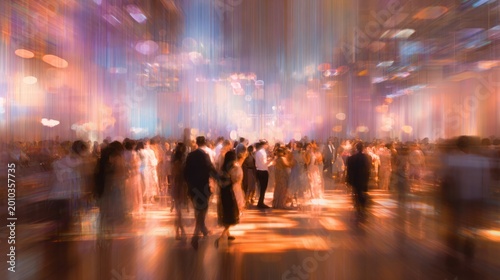 Blurred crowd dancing at event with colorful light display