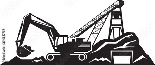 Mining operation excavator headframe mine entrance monochrome for industrial with commercial use