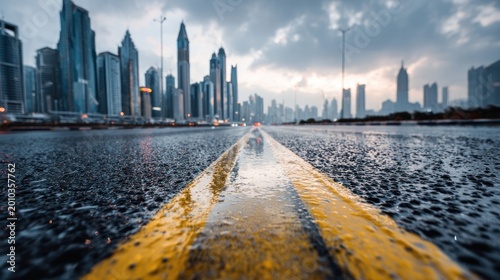 Road perspective towards cityscape with modern architecture under overcast sky